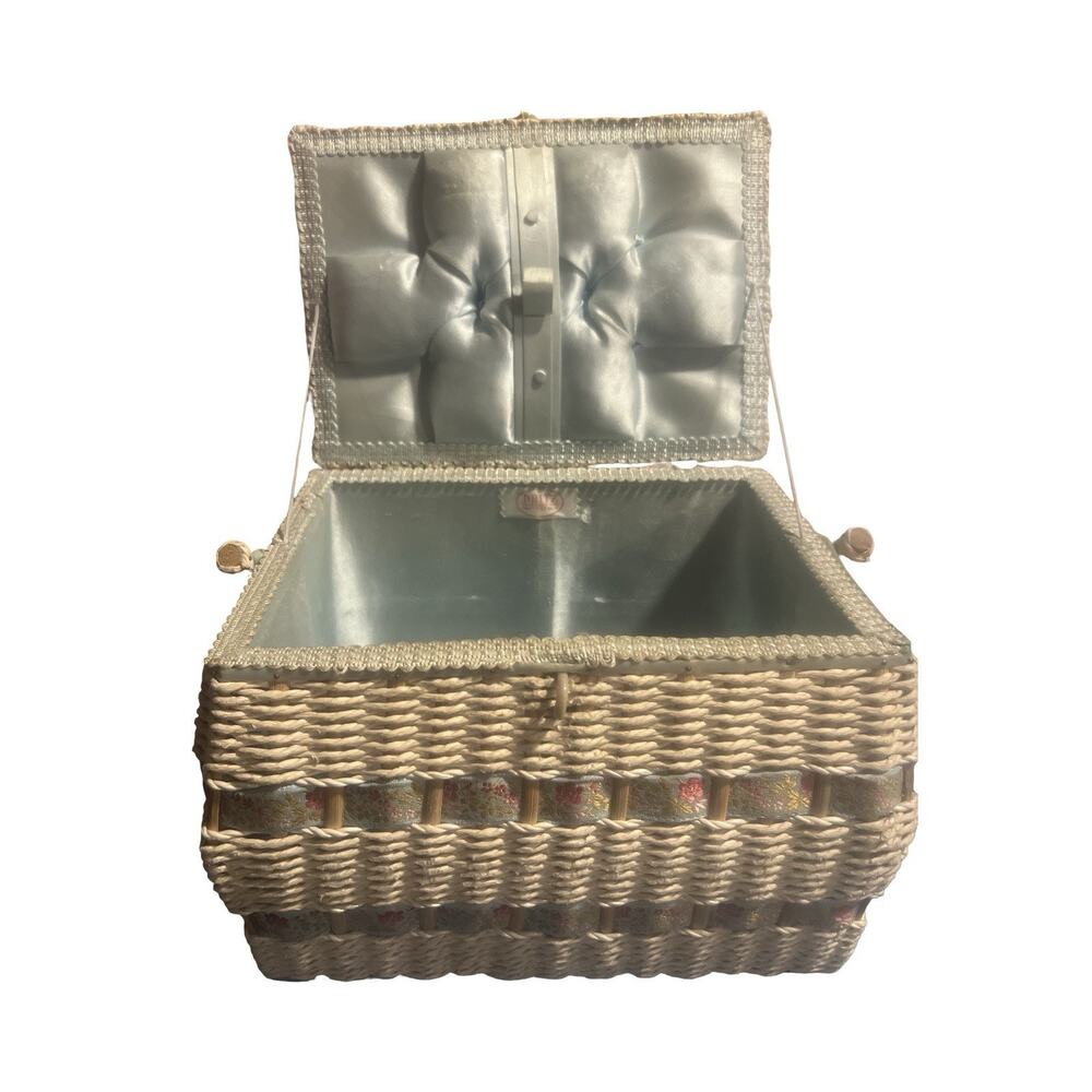 VINTAGE, blue Dritz Wicker Sewing Basket with Sewing Stuff